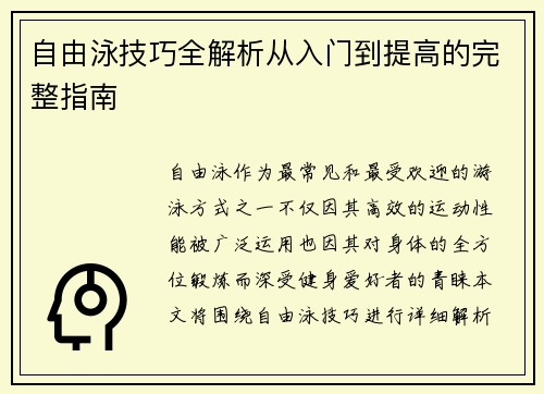 自由泳技巧全解析从入门到提高的完整指南